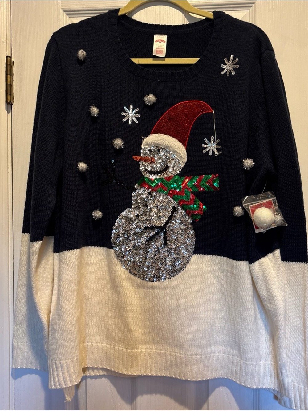 Holiday Time Sequin Snowman Ugly Christmas Sweater Navy Cream 2XL NWT